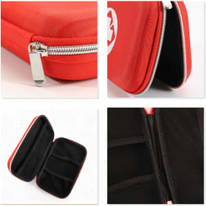 A red hard shell case with a zipper, featuring a textured exterior and mesh pockets inside.