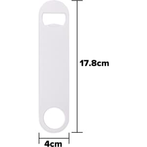 A drink bottle opener in white, measuring 17.8 cm by 4 cm, featuring a circular keyring attachment and a logo.