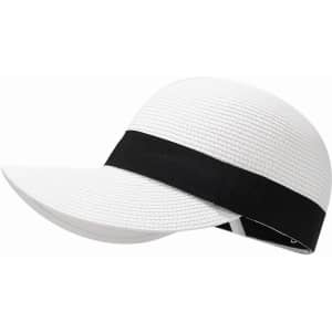 A white sun hat with a wide black band around the base, featuring a curved brim.