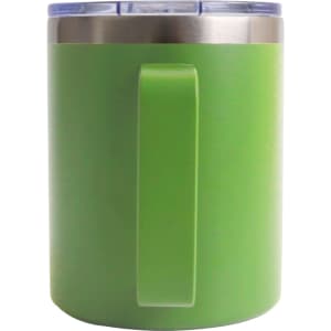 A coloured stainless steel mug in green with a clear lid and a sturdy handle. It features a logo.