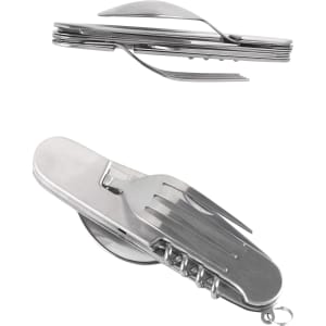 A stainless steel camping cutlery tool featuring a knife, fork, and spoon in a compact design with a multi-tool style.