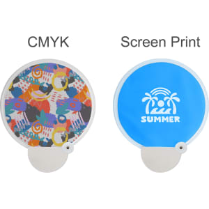 A 20cm foldable fan featuring a colourful abstract print on one side and a bright blue design with a logo on the other.
