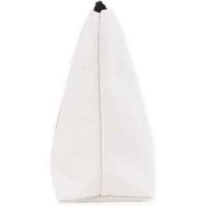 A white canvas cosmetic bag with a tapered design and a discreet logo on one side.