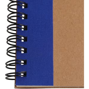 A kraft notebook with a blue cover and spiral binding, featuring a ballpoint pen attached.