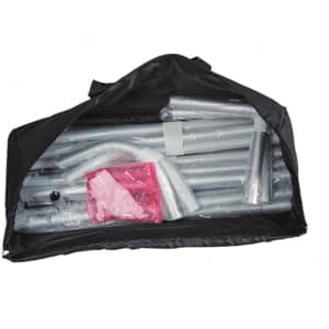 A black carrying bag containing grey display poles and a pink accessory pouch for the exhibit display wall.