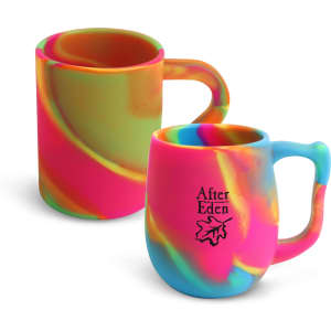 A set of two custom silicone mugs in vibrant pink, blue, and green swirl patterns, featuring a logo.