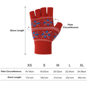 A pair of red jacquard fingerless gloves with blue and white snowflake patterns, featuring a size chart.