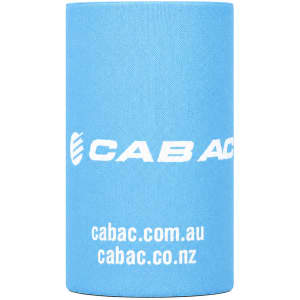 A drink bottle stubby holder in light blue with a logo. Ideal for keeping drinks insulated.