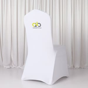 A fitted banquet chair cover in white, featuring a logo, set against a neutral backdrop.