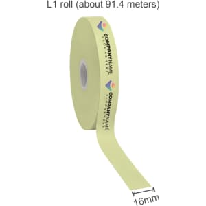 A roll of satin polyester ribbon in pale yellow, featuring a logo, measuring 16mm in width and approximately 91.4 metres long.