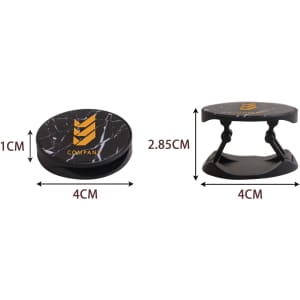 A round phone holder in black marble design, featuring a logo, measuring 4cm in diameter and 1cm in height.