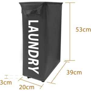 A black laundry basket with wheels, measuring 53cm high, 39cm wide, and 20cm deep, featuring the word "LAUNDRY."
