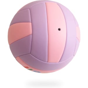 A volleyball in shades of pink and purple, featuring a logo, designed for leisure and outdoor sports.