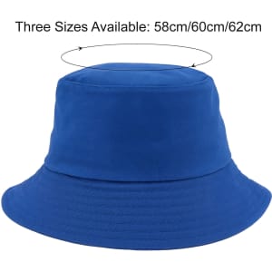 A blue cotton bucket hat with a round top and wide brim, featuring a logo and available in three sizes.