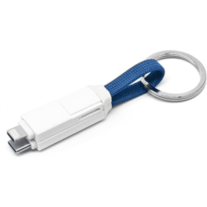 A white 3-in-1 charging cable with a blue keychain loop attached. It includes multiple connector types.