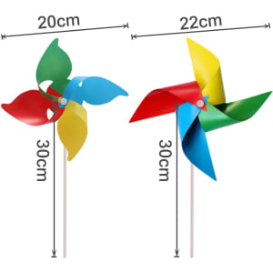 A four-leaf pinwheel in red, blue, green, and yellow with dimensions of 20cm and 22cm. It features a central hub.