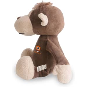 A brown monkey plush toy with light tan accents, featuring a logo on its side.