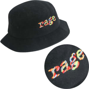 A black Terry Toweling bucket hat with a multicoloured embroidered logo. Suitable for leisure and outdoor activities.