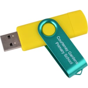 A bright yellow and teal double-end flash drive with a branded logo.