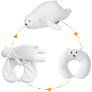 A bear-shaped white travel pillow that converts between a plush bear and a neck pillow, featuring a playful design.