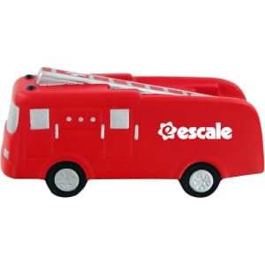 A red fire truck-shaped stress reliever with a logo on the side. Ideal for fun and stress relief.