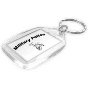 A rectangular acrylic keyring with a clear design and a metal keychain. It features a logo and text.