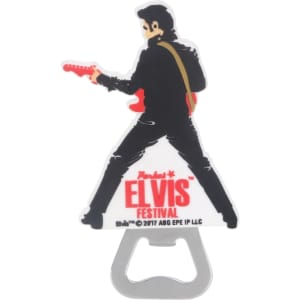 A drink bottle opener shaped like a musician with a guitar, featuring black, white, and red colours, and a logo.