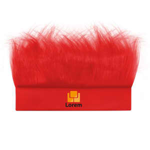 A vibrant red headband wig with a fluffy texture, featuring a logo on the band.