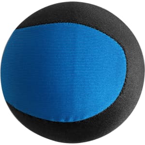 A round ball featuring a black and blue design, made from a soft, bouncy material. It has a logo on it.