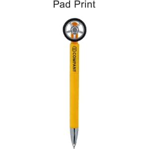A yellow pen shaped like a tire, featuring a black wheel design and a logo.