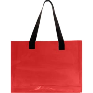 A red PVC clear tote bag with black handles, featuring a simple design and a logo.