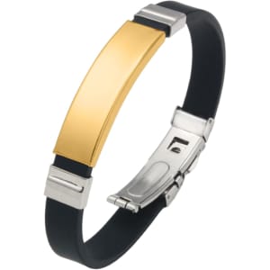 A gold and silver folding lock clasp bangle with a black band, featuring a sleek metallic design and a logo.