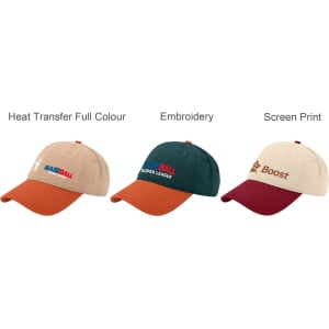 A collection of three 6-panel solid colour fashion caps in beige, dark green, and maroon, featuring various branding options.