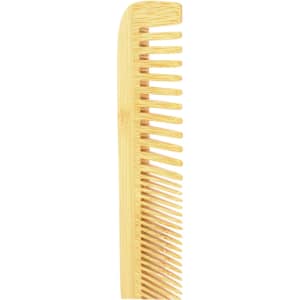 A mixed-tooth bamboo comb in a natural light brown shade with a smooth finish and a slight curve.