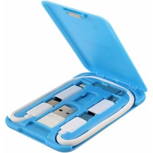 A blue multifunctional cable case containing various charging cables neatly organised inside. It features a logo on the exterior.