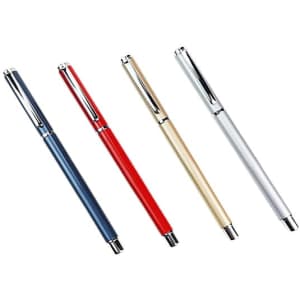Aluminum gel pens in blue, red, gold, and silver, featuring a sleek design and a logo on the barrel.