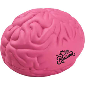 A pink brain-shaped stress reliever with a logo on its side, designed for fun and relaxation.