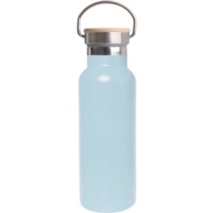 A drink bottle in light blue with a bamboo lid and stainless steel accents, featuring a carrying handle.