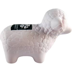 A white sheep-shaped stress reliever with a textured surface and a small logo on its side.