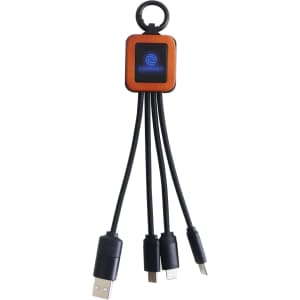 A square-shaped light-up charging cable in black and orange, featuring multiple connector types and a logo.
