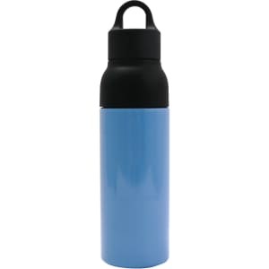 A drink bottle in light blue with a black lid and handle, featuring a logo on its side.