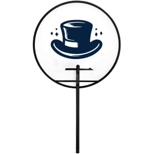 A round, transparent hand fan featuring a navy blue top hat design on a white background and a black handle.