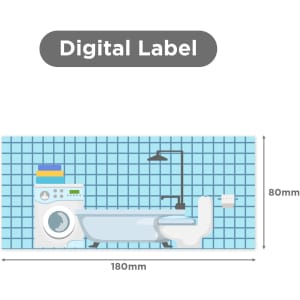 A digitally illustrated bathroom scene featuring a bathtub, washing machine, sink, and shower, with blue tiled walls.