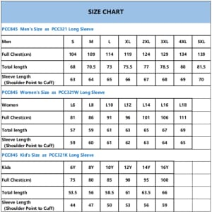 A size chart detailing measurements for men's, women's, and kids' long sleeve shirts, including chest and sleeve lengths.