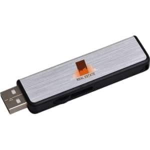 A sleek silver and black flash drive featuring a branding logo, with a USB connector on one end.