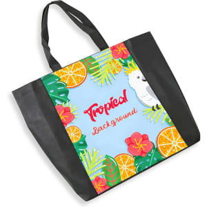 A tote bag in black featuring a full-colour tropical design with flowers, fruit, and a parrot illustration.