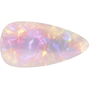 A teardrop-shaped iridescent alligator hair clip with a shimmering, multi-coloured surface.