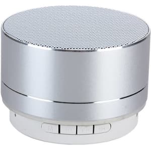 A silver metal Bluetooth speaker with a round design and control buttons on the base. It features a metallic grille on top.