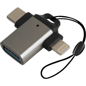 A grey USB 3.0 to USB C Lightning OTG adapter with a black tether for easy carrying.