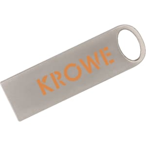 A silver flash drive with an orange logo, featuring a sleek rectangular design and a hole for attachment.